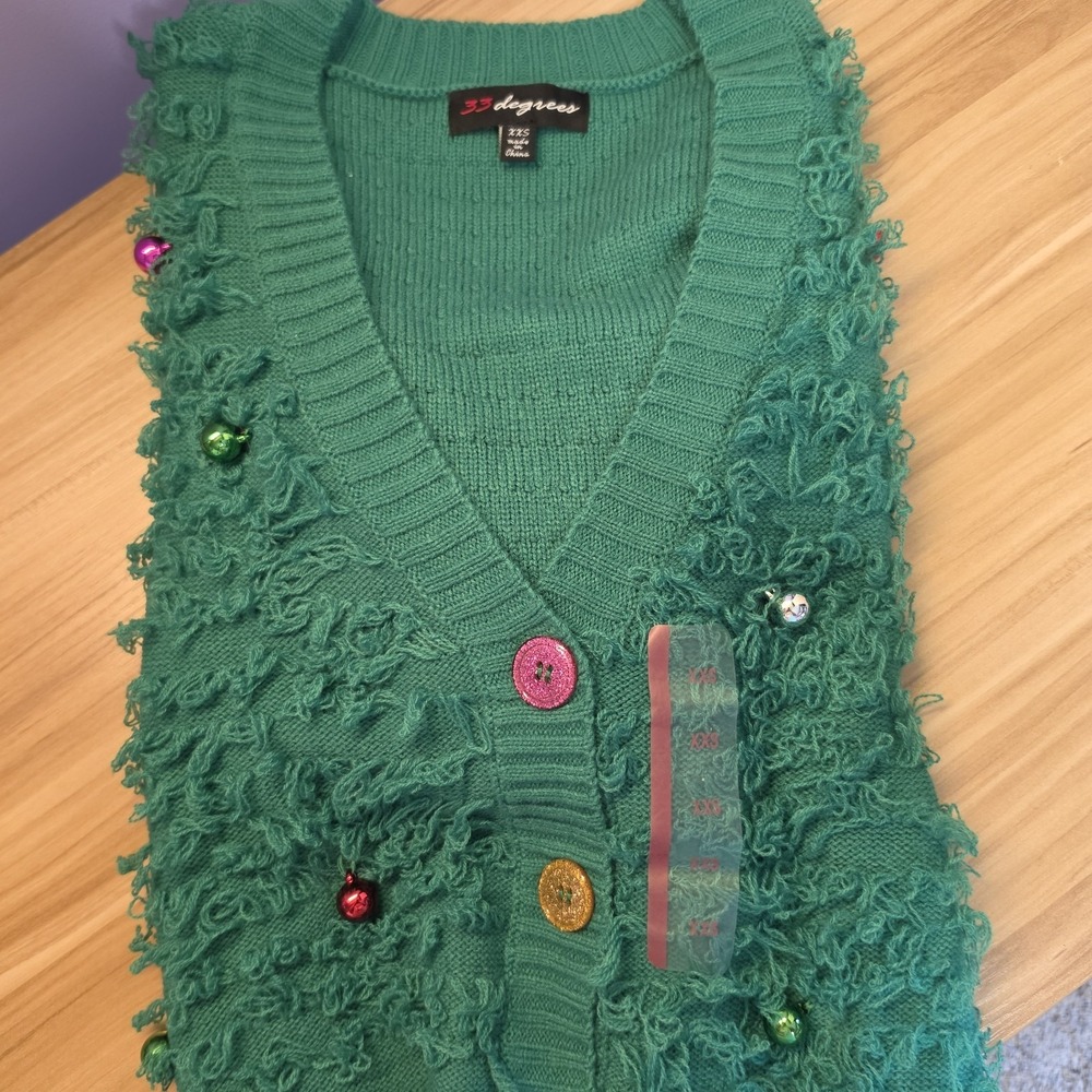 33 Degrees Women's Green Knit Christmas Tree Ornaments Cardigan Sweater Size XXS